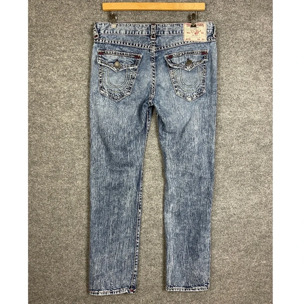 True Religion Ricky Relaxed Straight Jeans Mens 36 Blue Excellent Acid Wash